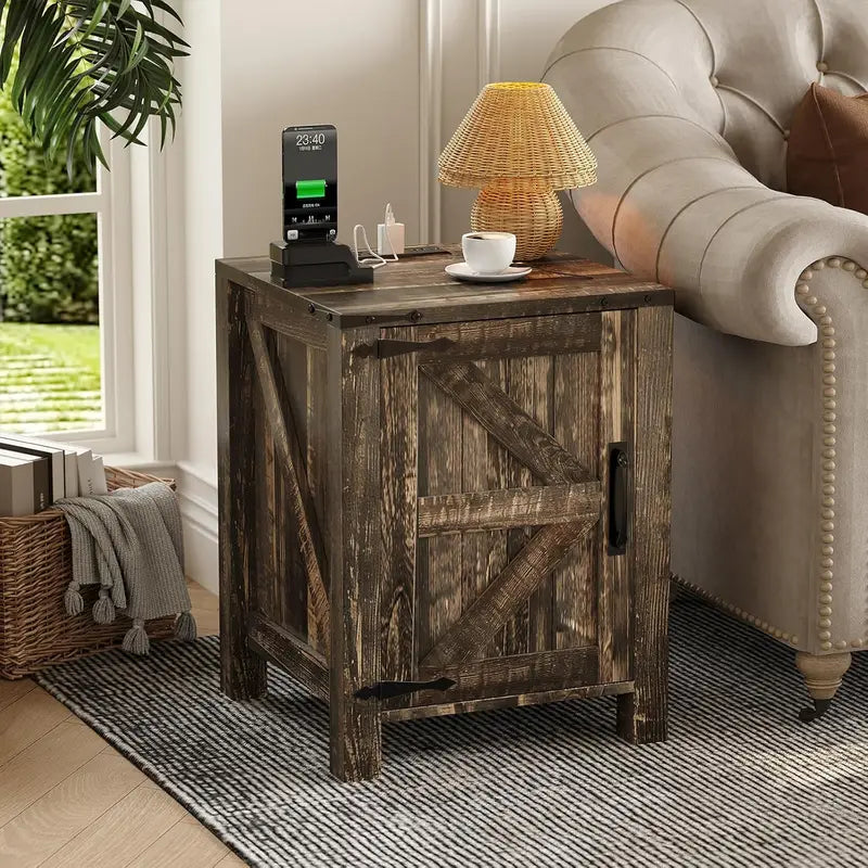 Farmhouse Bedside Table with USB Charging Station, Adjustable Two-Tier Shelf, Rustic Barn Door, Modern Bedroom End Table
