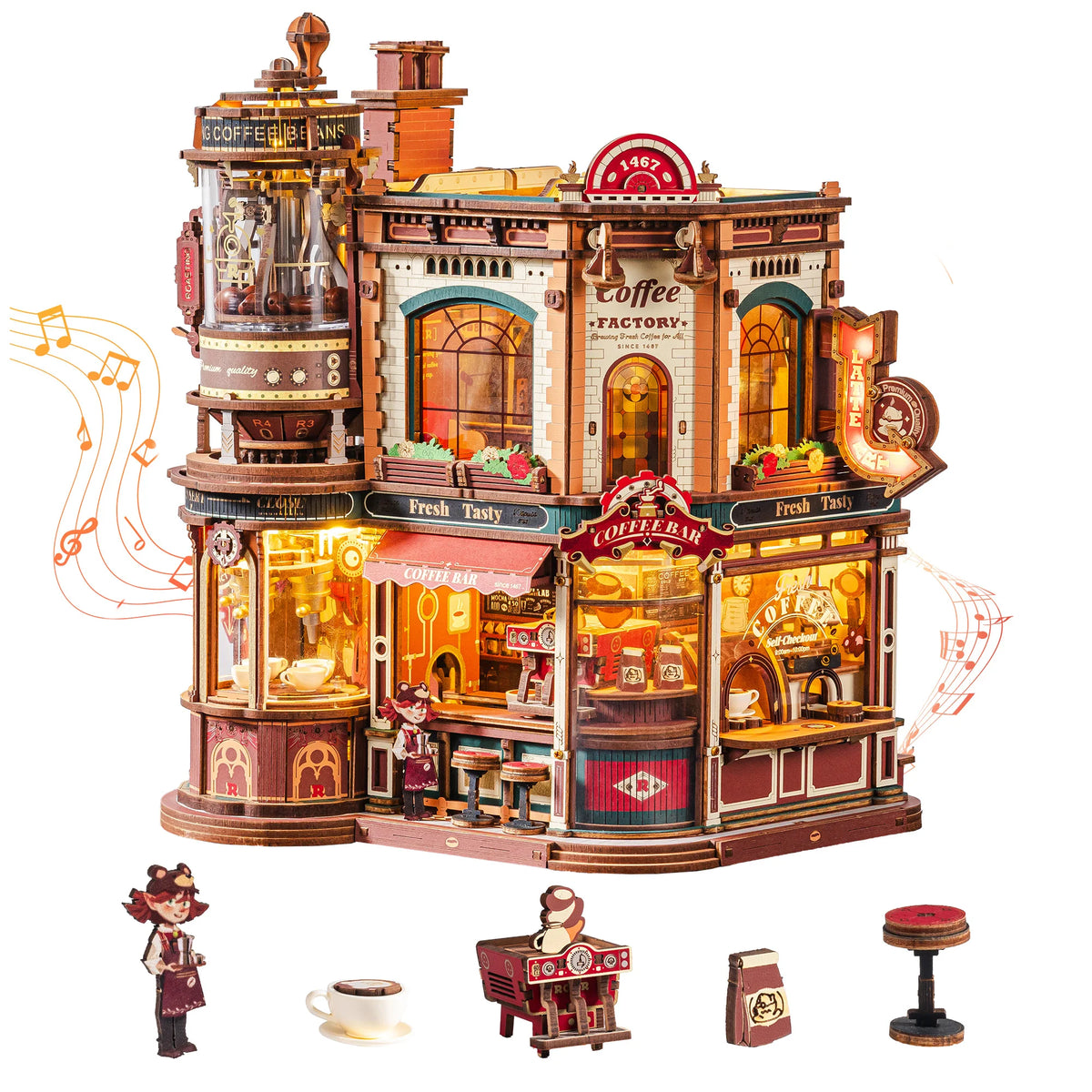 Wooden 3D Puzzle Coffee Factory Music Box Kit with LED Lights - DIY Model for Adults