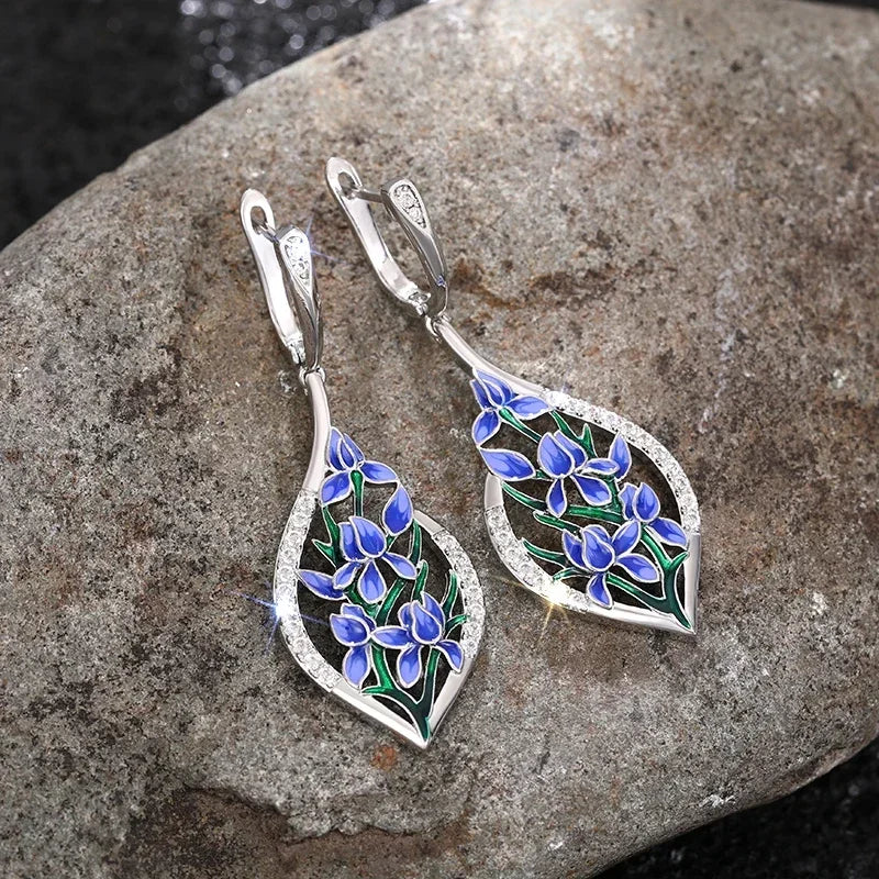 Elegant Purple Flower Pendant Earrings for Women Wedding Party Jewelry