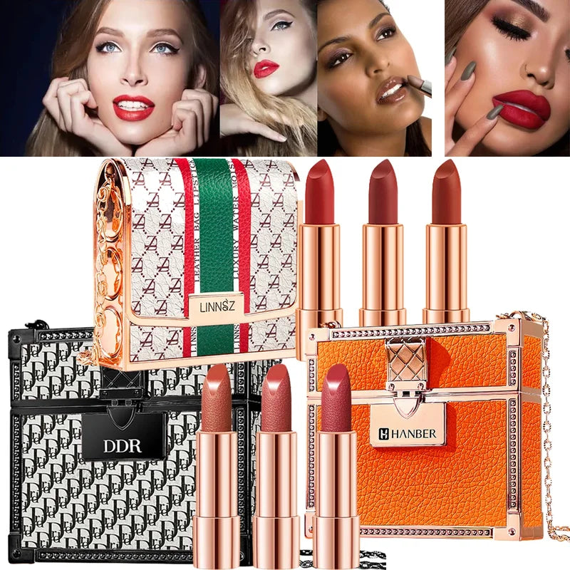 Waterproof Matte Lipstick Set - Long Lasting Lip Gloss Kit with Velvet Finish and Leather Bag