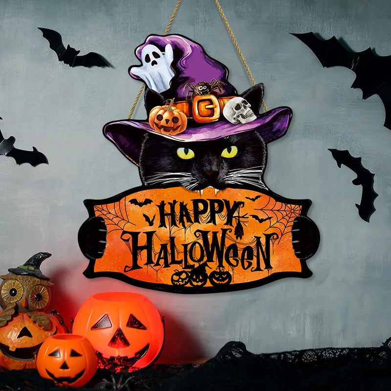 Halloween Pumpkin & Monster Face Wooden Sign Rope Hanger Porch Wall Decor