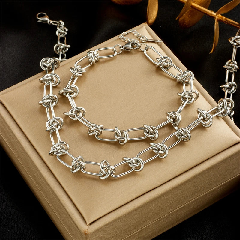 Unisex Twist Knot Necklace and Bracelet Set - Gold Silver Tone Jewelry