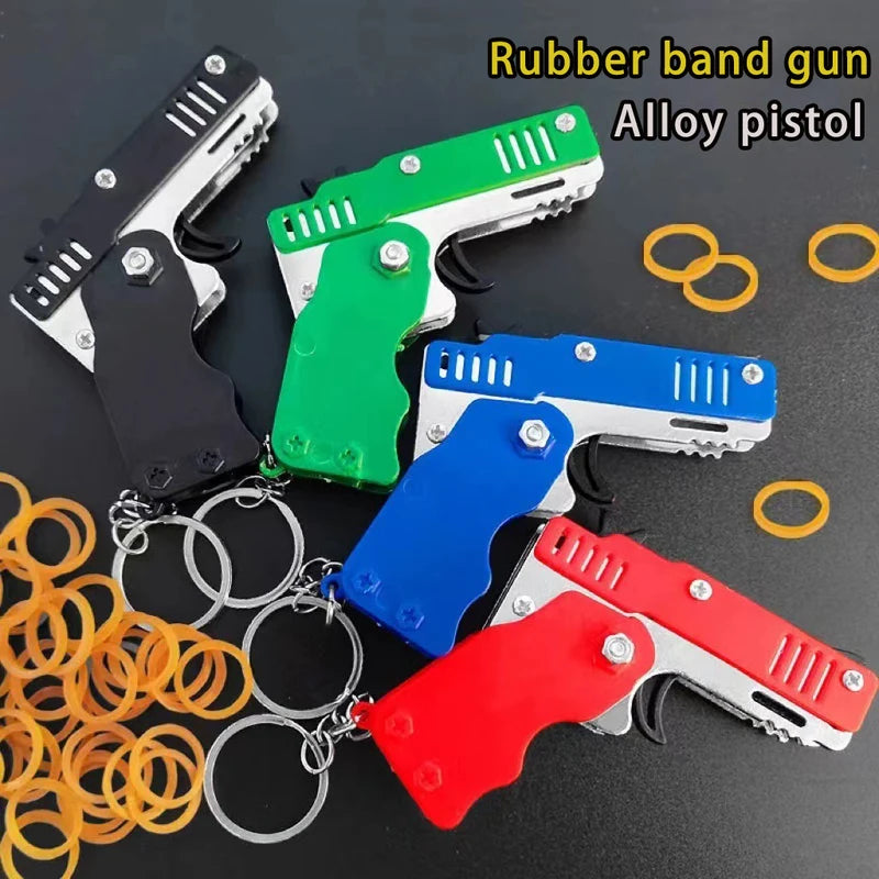 Mini Folding Rubber Band Launcher Toy with Keychain and 60 Rubber Bands - Perfect Gift