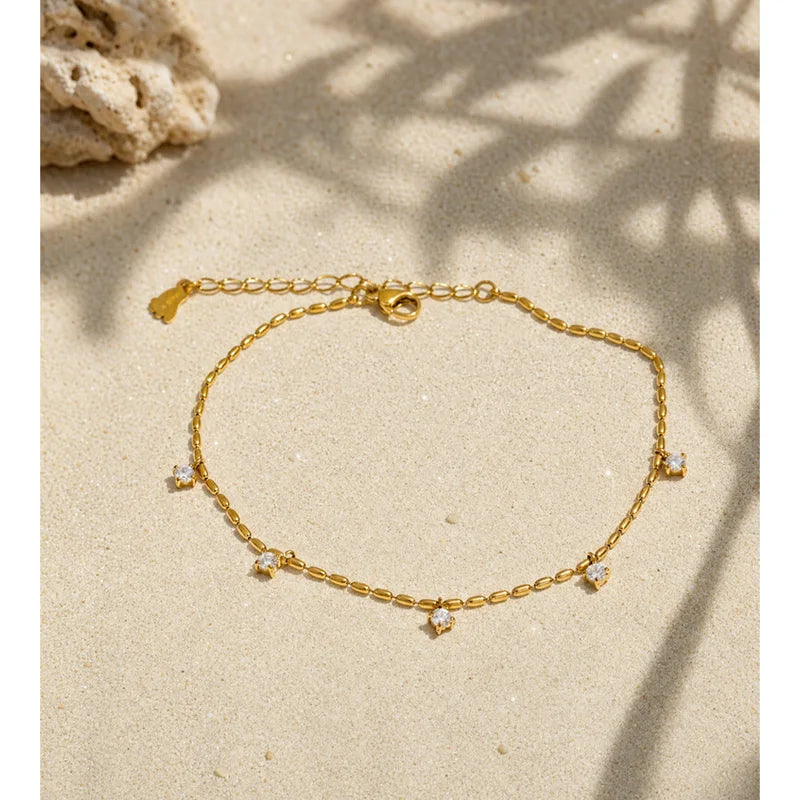Stainless Steel Chain Anklet for Women Zirconia Drop Foot Jewelry Summer Beach Waterproof Accessory