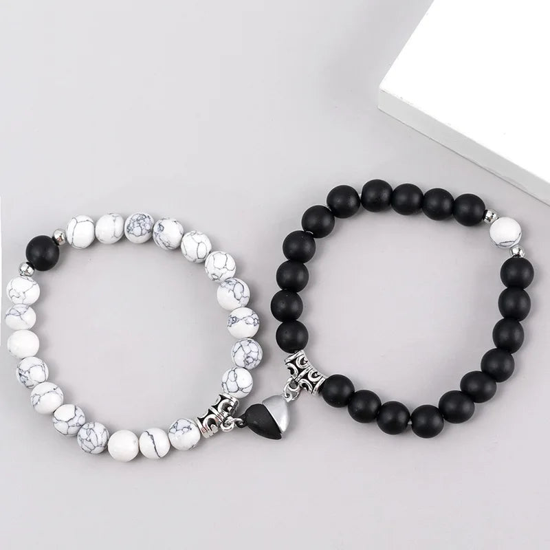 Natural Stone Beads Couple Bracelets - Heart Magnet Friendship Jewelry 2Pcs Set
