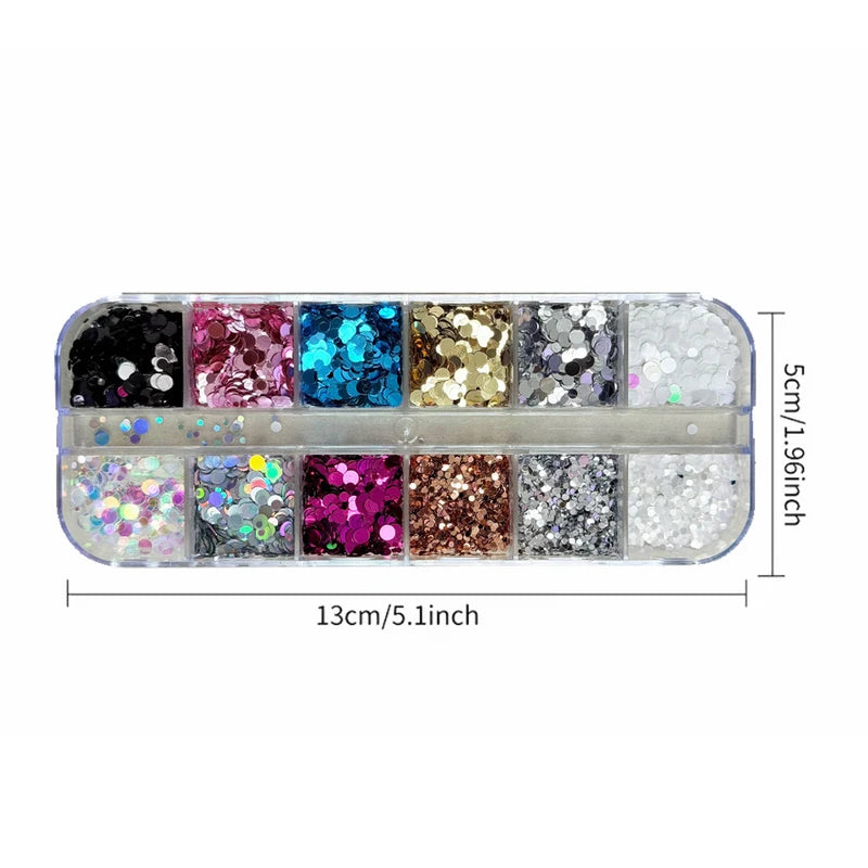 3D Flower & Polka Dot Nail Art Sequins Set - Multiple Colors, 12 Grids, 1-3mm Glitter Flakes for Manicure