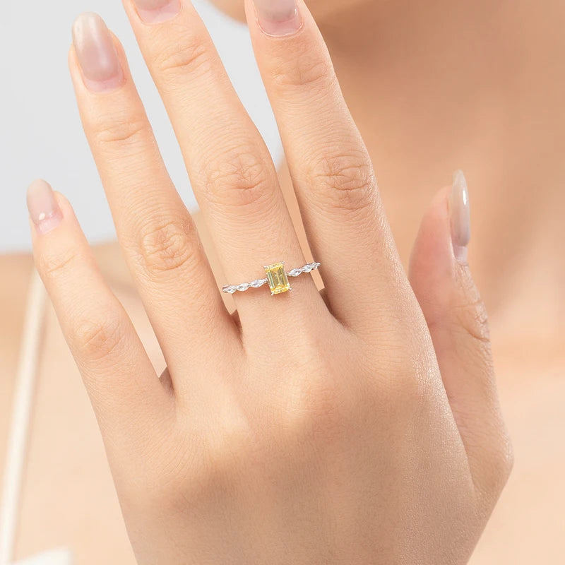 Sterling Silver Emerald Cut Pink Yellow Zirconia Ring for Women Wedding Jewelry
