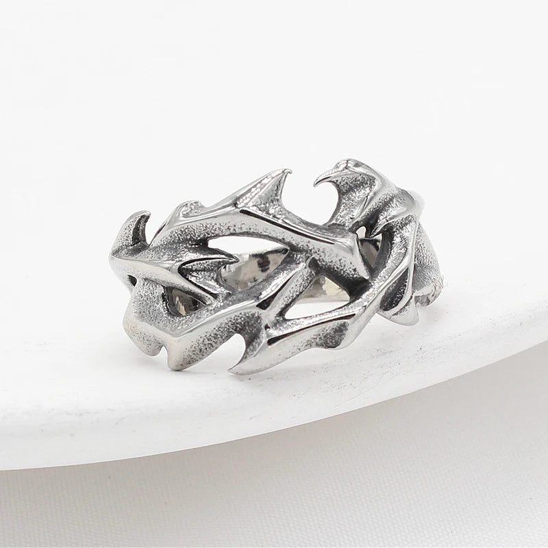 Vintage Punk Stainless Steel Crown of Thorns Ring for Men Women Hollow Out Design Jewelry