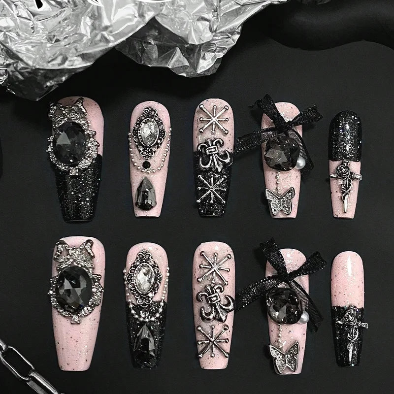 10 Pieces Gothic Black Coffin-Shaped Fake Nails with Black Powder & Diamond Finish