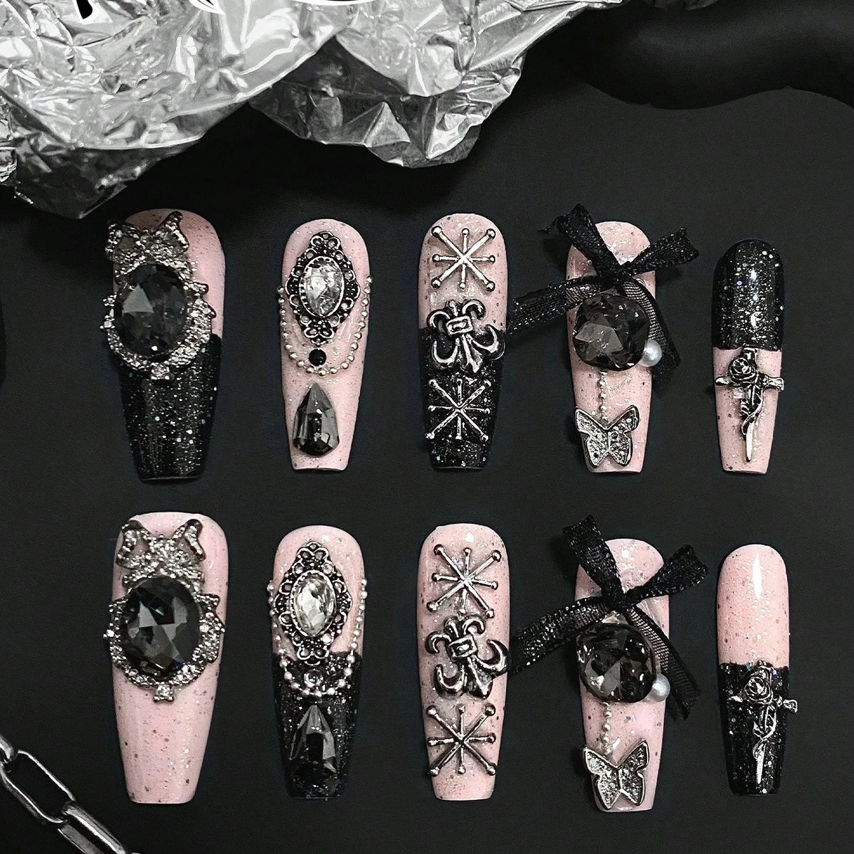 10 Pieces Gothic Black Coffin-Shaped Fake Nails with Black Powder & Diamond Finish