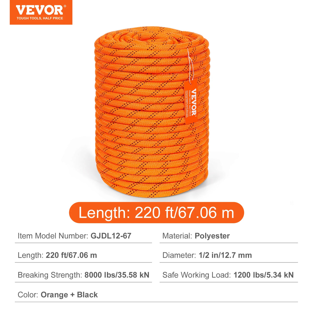 Heavy-Duty Dual-Weave Polyester Rope 220ft for Climbing, Rescue & Outdoor Use