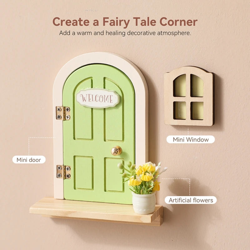 Wooden Elf Door Set Dollhouse Decor Fairytale Balcony Hanging Ornaments