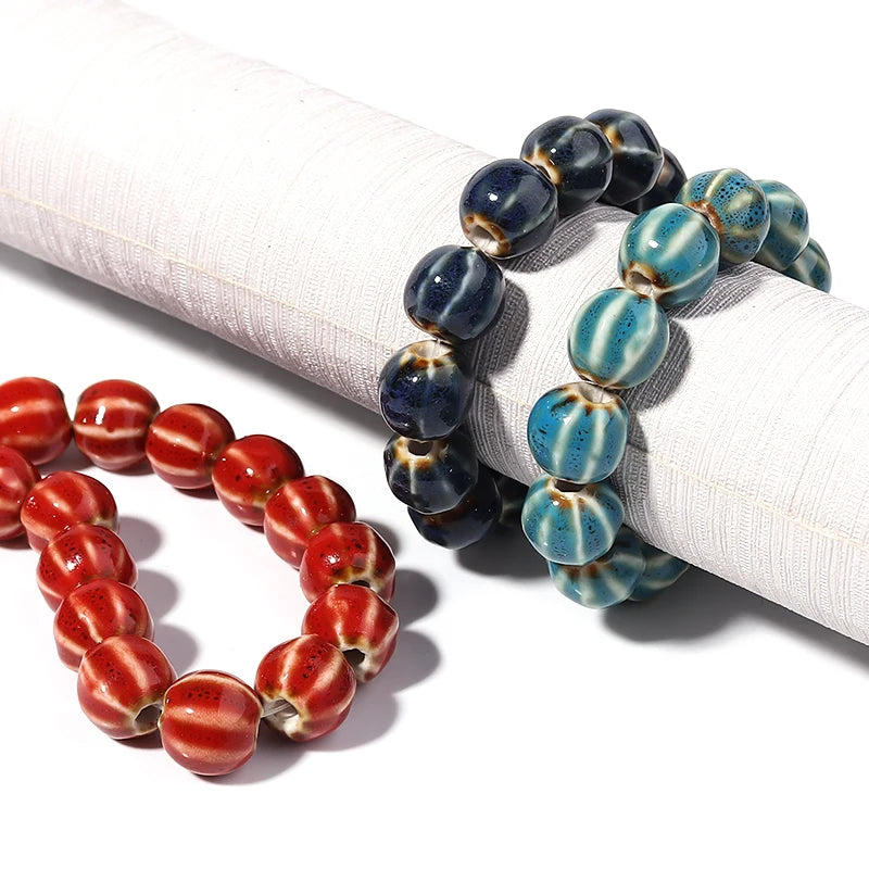 Pumpkin Shape Stripe Ceramic Beads for Jewelry Making - Colorful Floral Glaze, 11.5mm, 1 Strand