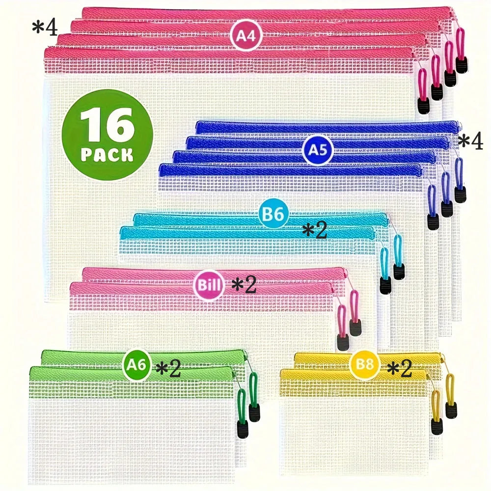 16PCS Waterproof Mesh Zipper Bags Travel Document Organizer Office Supplies