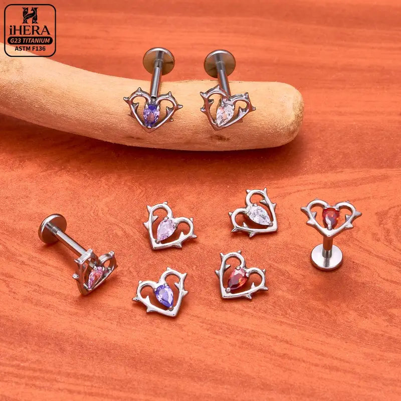Titanium Body Jewelry Piercing Rings Set with CZ Heart Flower Key Studs