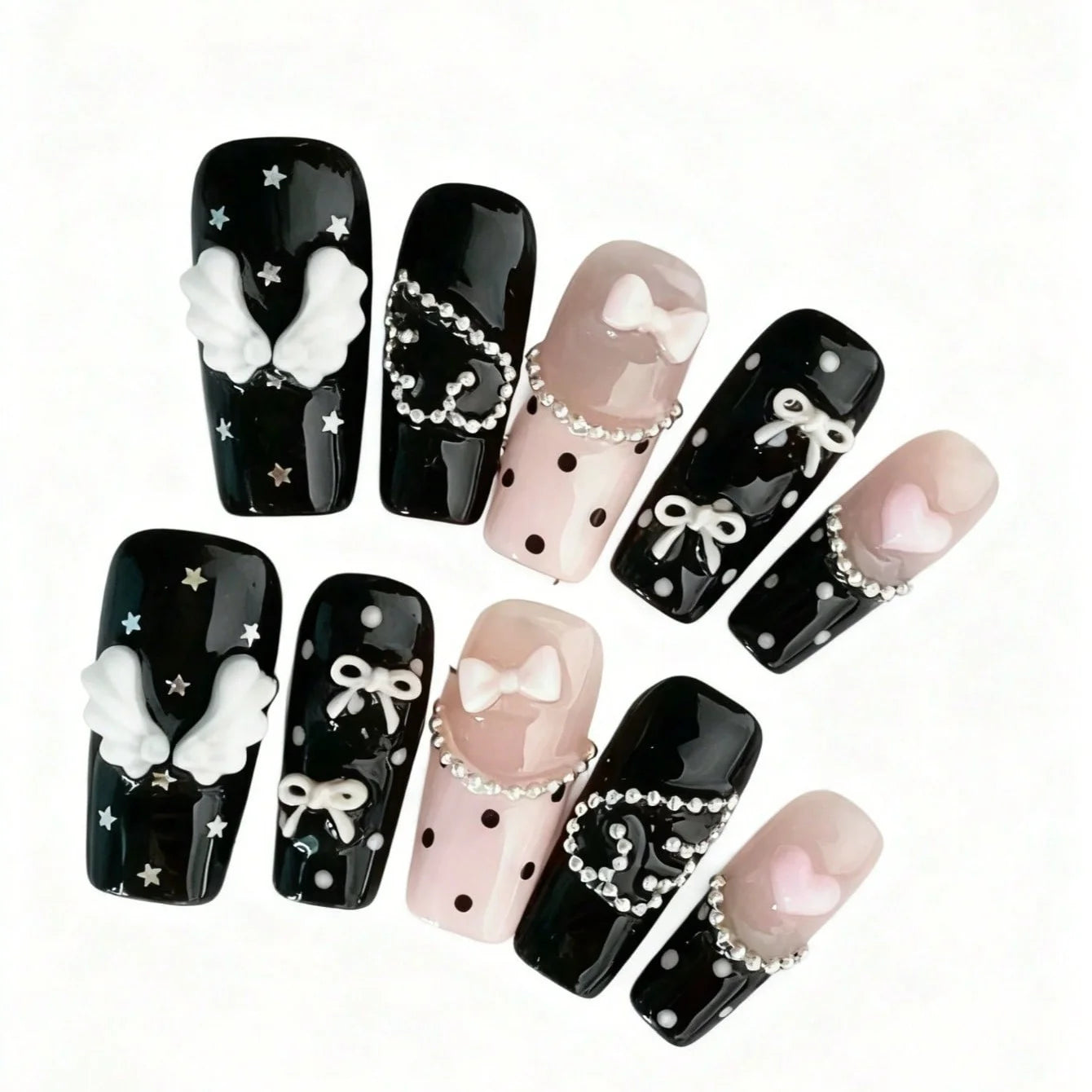 10 Pieces Gothic Coffin-Shaped Nail Fake Nails for Ladies - Polka Dots Design