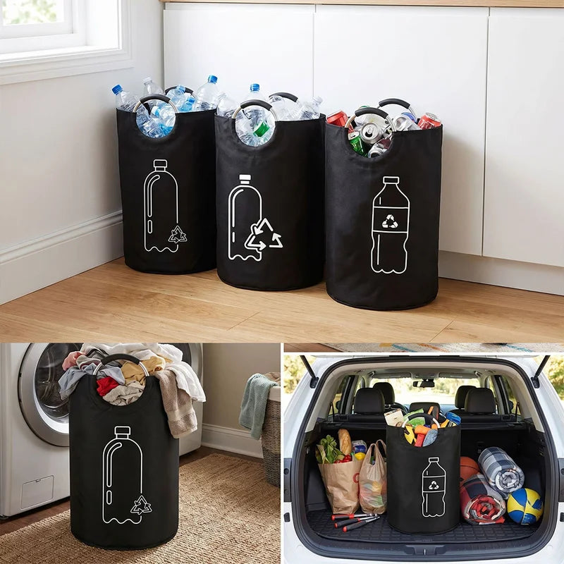Large Capacity Folding Recycling Bin with Aluminum Handle 82L Bottle Storage Basket