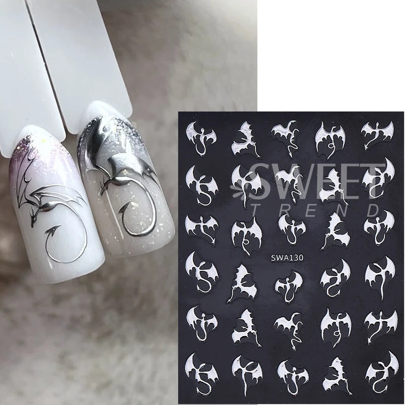 3pcs Metallic Flying Dragon Nail Stickers Halloween Nail Art Decals Gold Silver