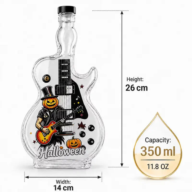 Halloween Guitar Shaped Whiskey Decanter with Pumpkin Print - Lead-Free Crystal Liquor Bottle, Home Bar Decor