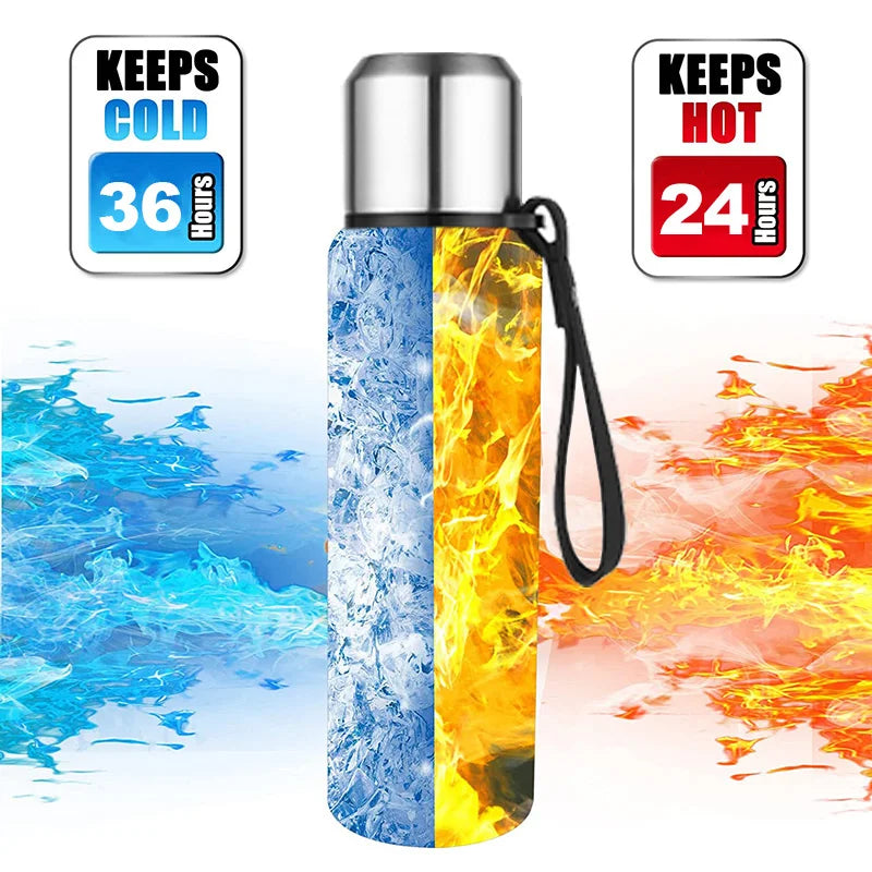 Insulated Stainless Steel Thermos Bottle with Rope Handle - Large Capacity Vacuum Flask