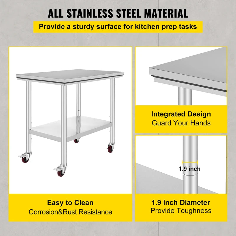 Stainless Steel Work Table with Casters - Commercial Kitchen & Storage Bench