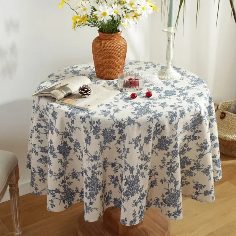 Floral Linen Cotton Round Tablecloth - Rustic Farmhouse Picnic Decor