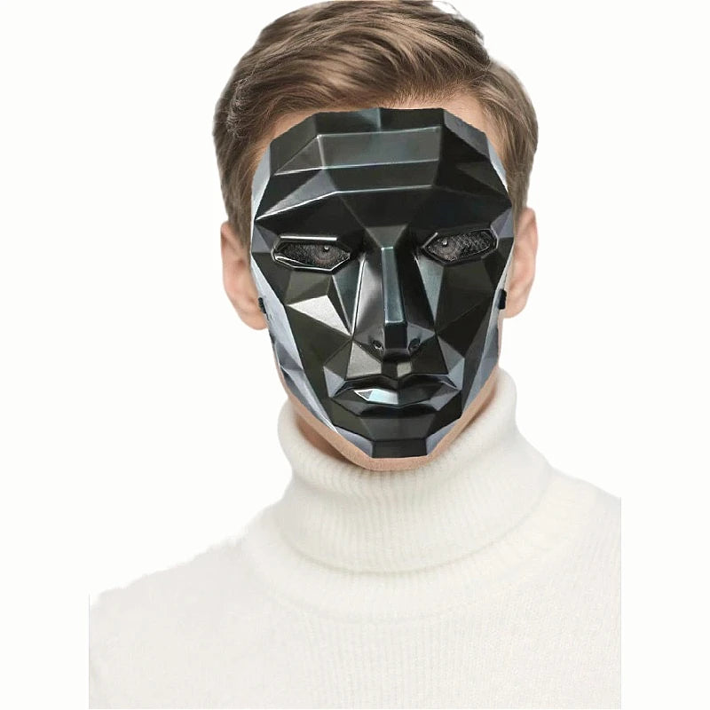 Futuristic Geometric Party Mask Black Tech Style with Breathable Mesh Eyes and Mouth for Halloween Cosplay