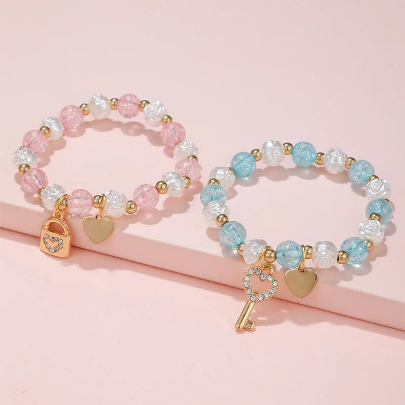 2PCS Heart Charm Key Lock Beaded Bracelets for Girls Friendship & Birthday Gift