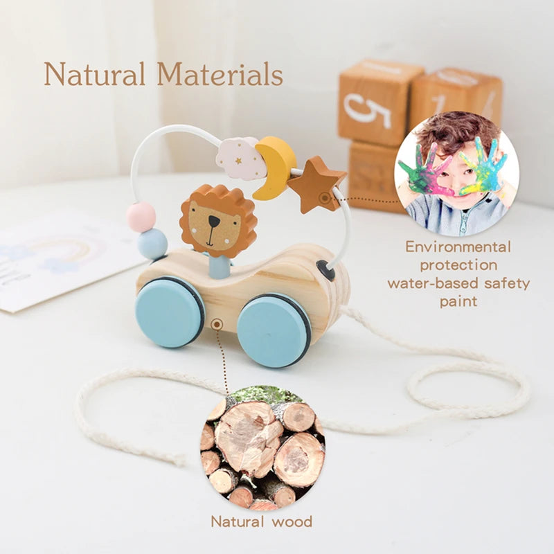 Montessori Wooden Baby Trailer Toys - Colorful Building Blocks & Dragging Car