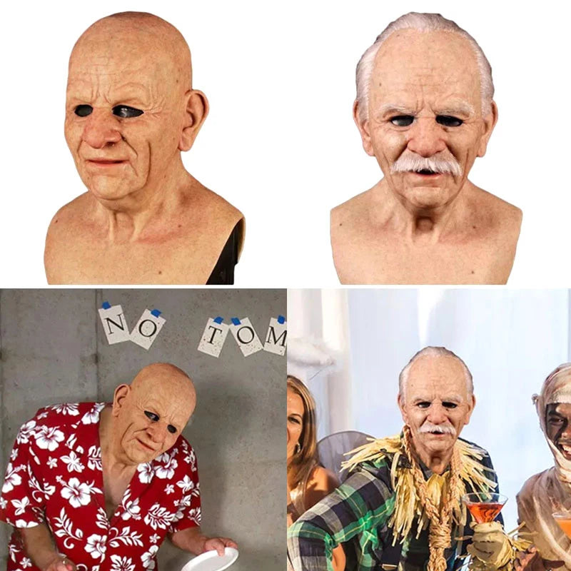 Halloween Elderly Man & Woman Full Head Mask Wrinkle Face Cosplay Prop