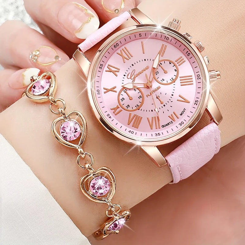 Fashion Women's Quartz Wrist Watch Set with Leather Band and Jewelry Accessories