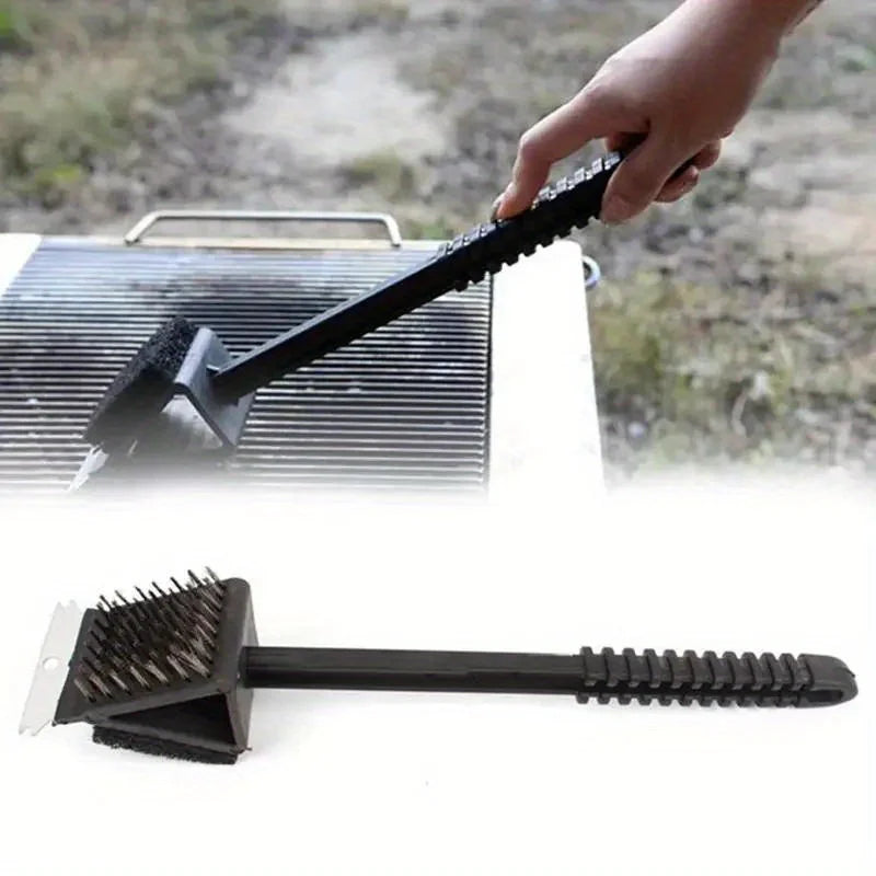 3-in-1 Copper Wire Grill Brush with Sponge and Shovel Long Handle