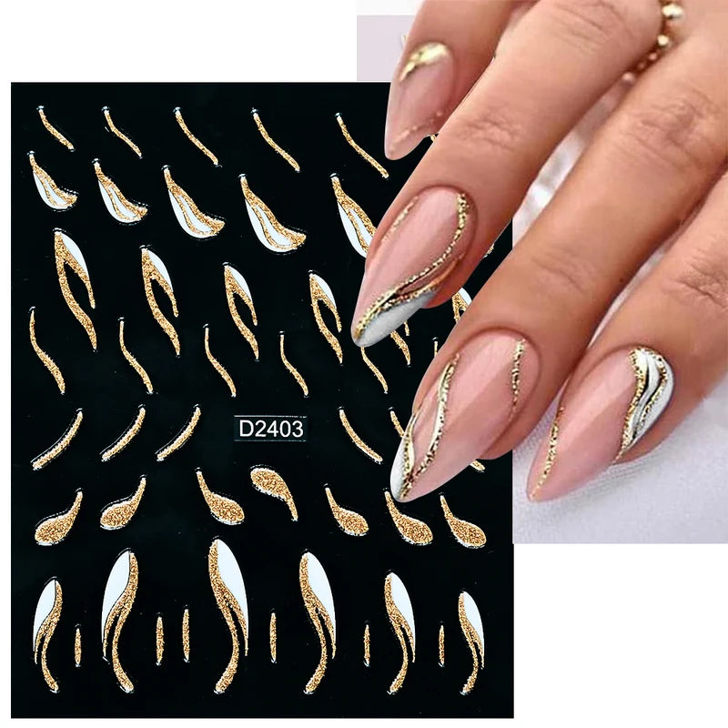 French Nail Stickers with Gold Silver Stripes Waves Ribbons Reflective Powder Decals
