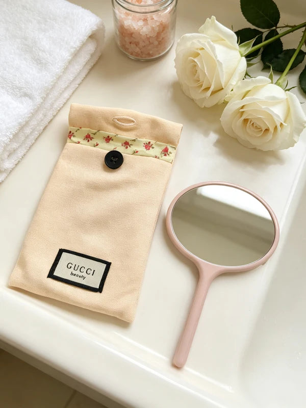 Pink Canvas Cosmetic Travel Pouch with Logo Mirror - Portable Makeup Organizer
