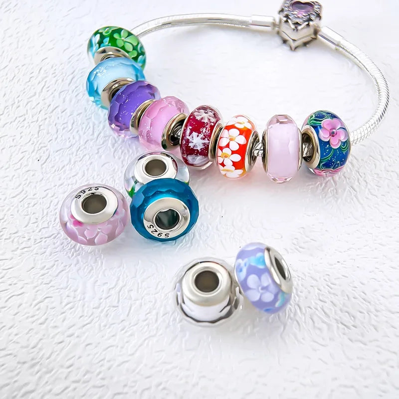 925 Silver Crystal Enamel Murano Bead Charm Fit Original Bracelet for Women Jewelry Making