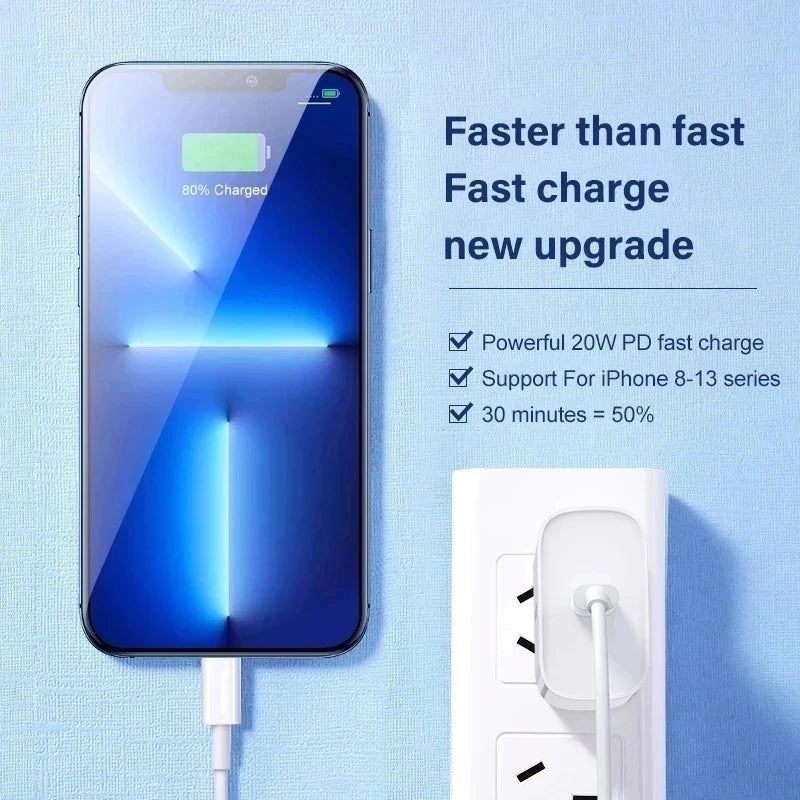 USB C Fast Charger 20W for iPhone iPad Samsung OnePlus Wall Adapter with Type-C Cable EU/US Plug