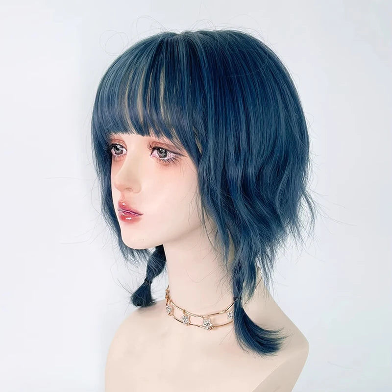 Blue Synthetic Mullet Wig with Bangs Short Straight Cosplay Hair for Parties & Daily Wear