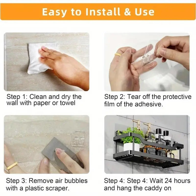 Adhesive Shower Organizer Set - Rustproof Stainless Steel Bathroom & Kitchen Storage Caddy