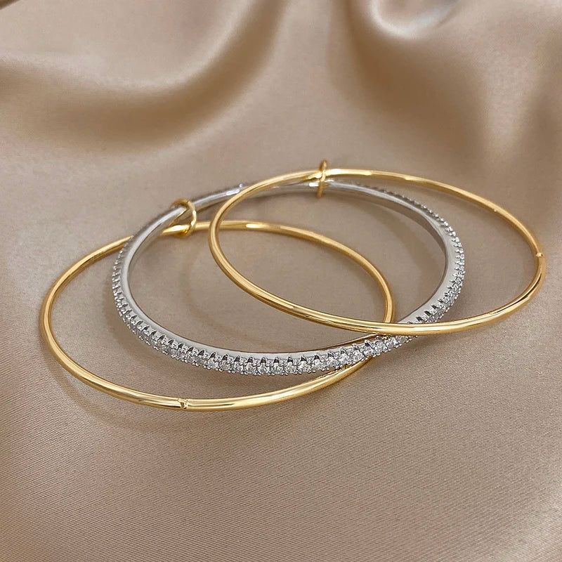 3-Pack Two Tone Rhinestone Silver Gold Bangle Bracelets for Women