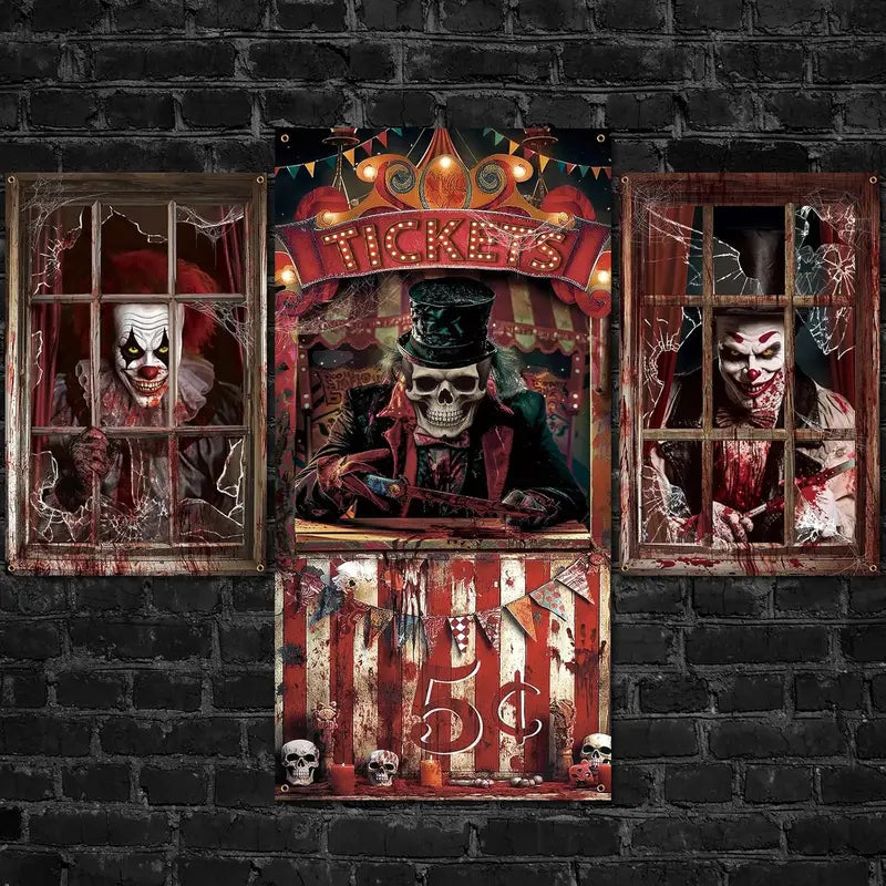 Halloween Evil Circus Window Door Covers Set - Creepy Clown Ghost Skull Decor