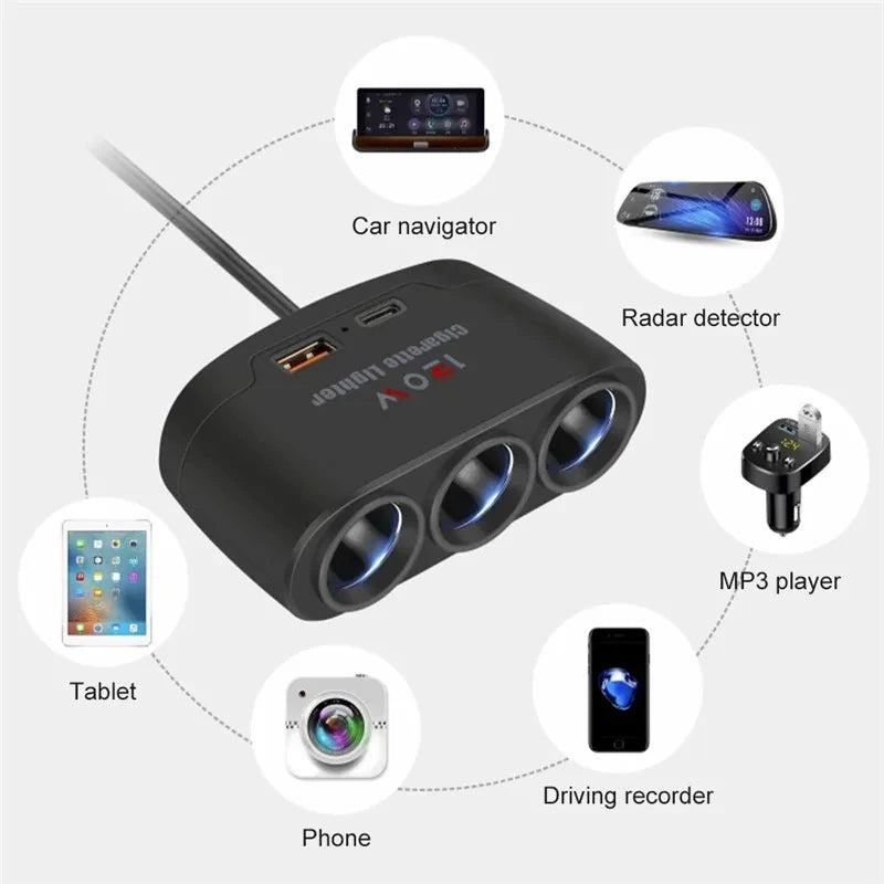 120W Car Cigarette Lighter Splitter with Dual USB Fast Charger 12V 24V