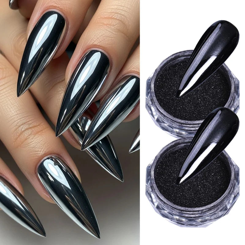 Black Mirror Nail Glitter Pigment 2pcs Y2K Chrome Rubbing Dust for Manicure