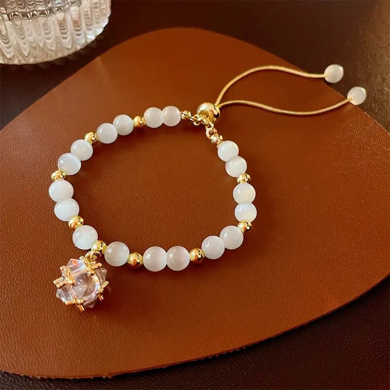 Women’s Cat Eye Stone Bead Bracelet Rhinestone Crystal Pendant Adjustable Jewelry