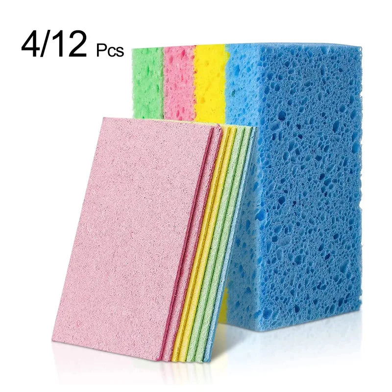 4/12Pcs Compressed Cellulose Sponges Non-Scratch Dual-Sided Kitchen Bathroom Car Cleaning Set