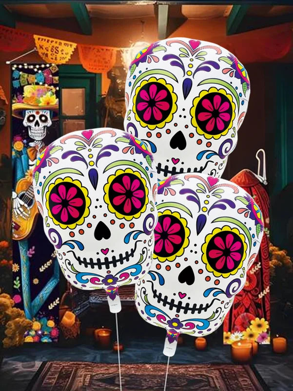 Colorful Flower Skull Aluminum Foil Balloons Halloween Party Decorations 3pcs