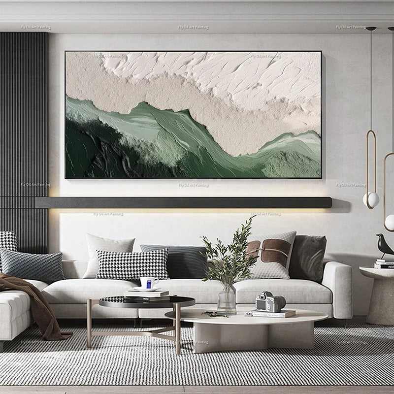 Large Handpainted Green and Beige Oil Painting Wall Art for Room Decor