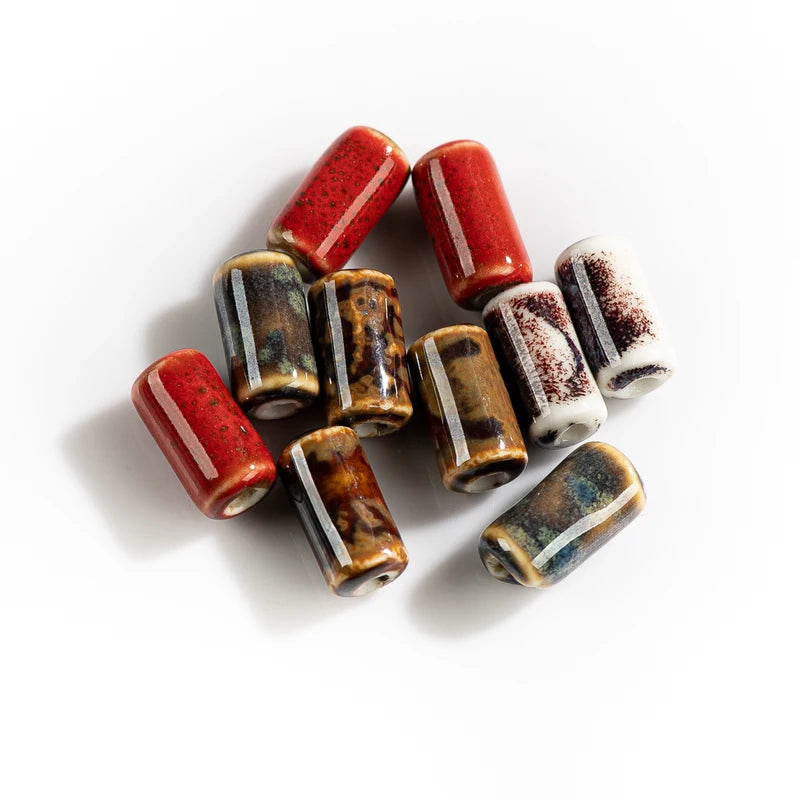 Small Cylindrical Ceramic Beads for Jewelry Making - 10pcs Handmade Pendant Material