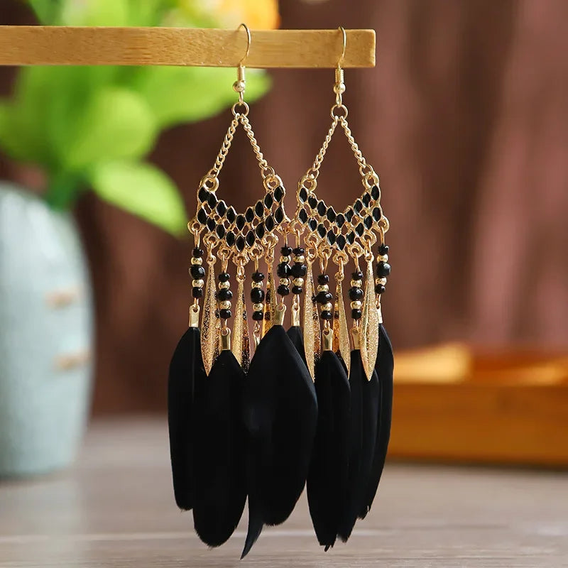 Bohemian Ethnic Feather Dangle Earrings for Women - Colorful Beaded Tassel Drop Jewelry