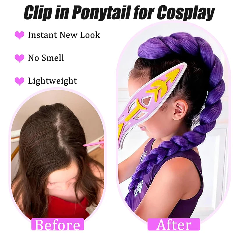 Synthetic 26-Inch Long Braided Ponytail Hair Extension with Clips for Girls Kids Halloween Christmas
