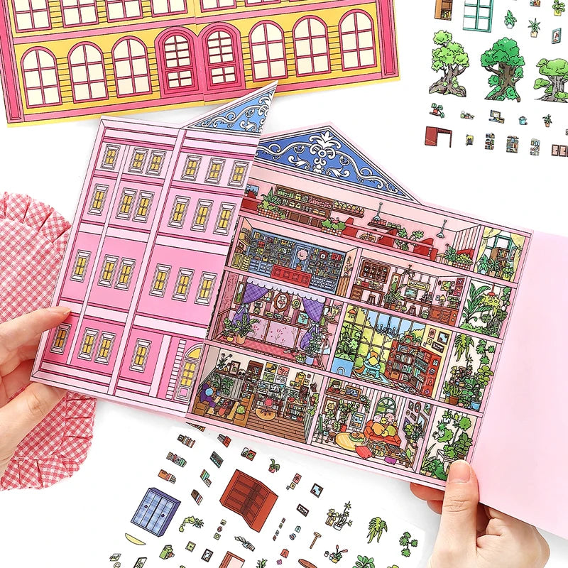 Kawaii Doll Apartment 3D Pink Hotel Landscape Sticker DIY Scene Kids Gift